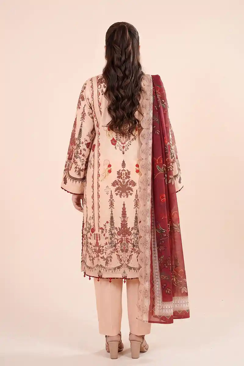Zesh - 3PC Unstitched Embroidered Lawn Suit (Deep Maroon & Dusty Peach)