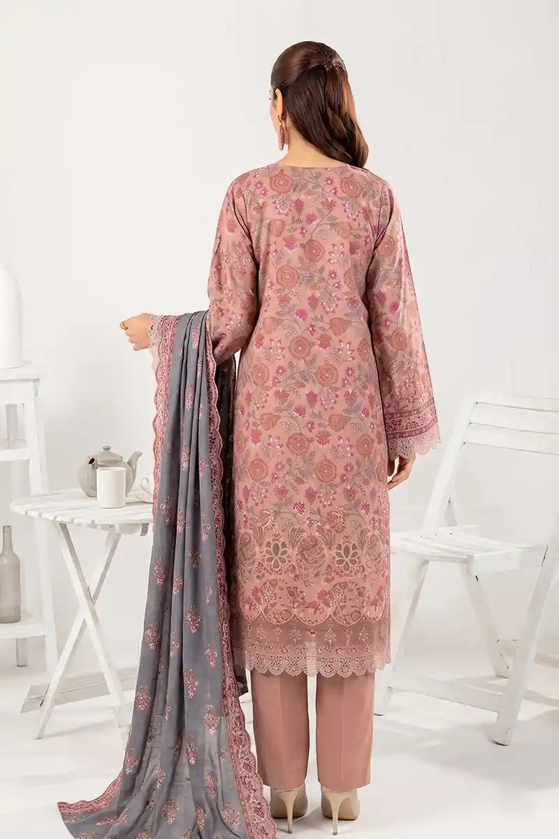 Zesh - 3PC Unstitched Embroidered Lawn Suit (Dusty Rose & Steel Blue)