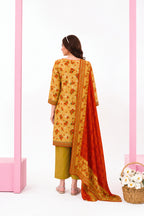 Zesh - Drop Fourteen Printed Series 3PC Unstitched Lawn Suit (Mustard & Red)