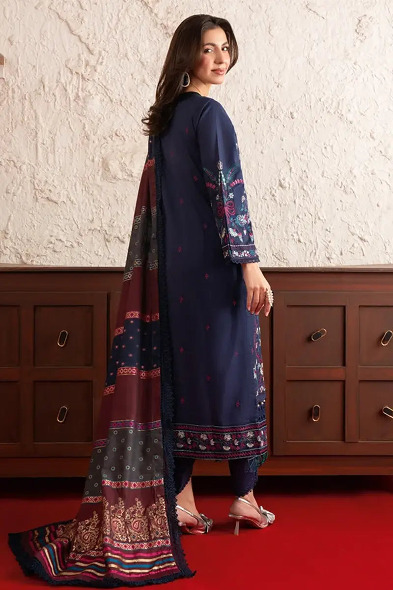 Poshak By Johra - 3 Piece Unstitched Embroidered Lawn Suit (Deep Navy Blue)