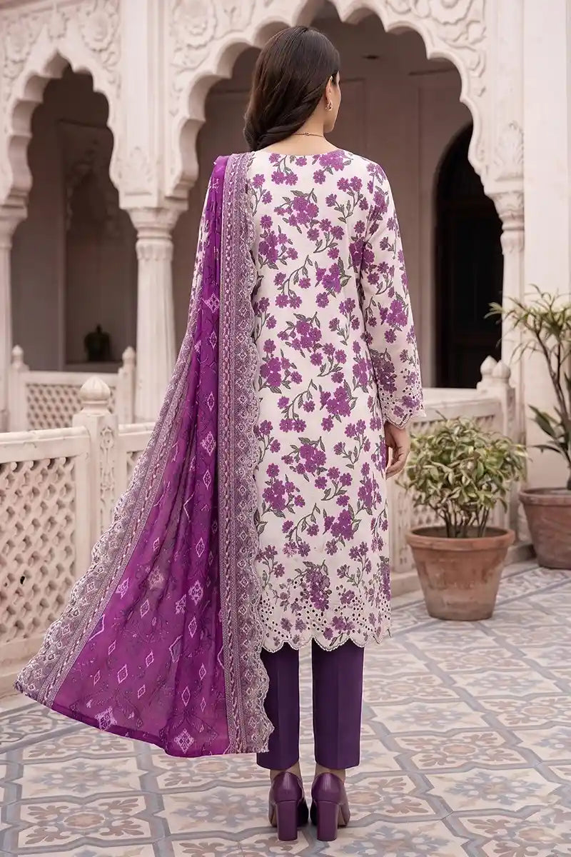 Zesh - 3PC Unstitched Embroidered Lawn Suit (Off-White & Magenta Violent Floral)