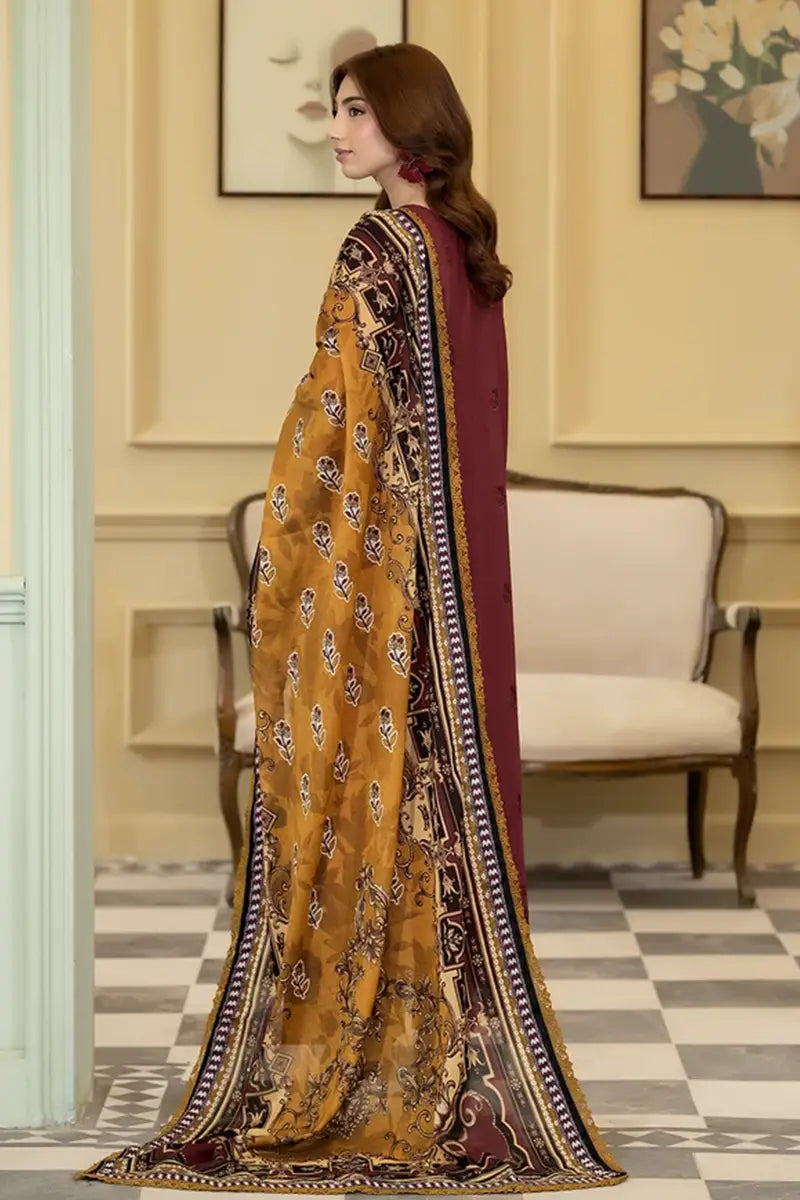 Elvia By Johra - 3PC Unstitched Embroidered Lawn Suit (Deep Maroon)