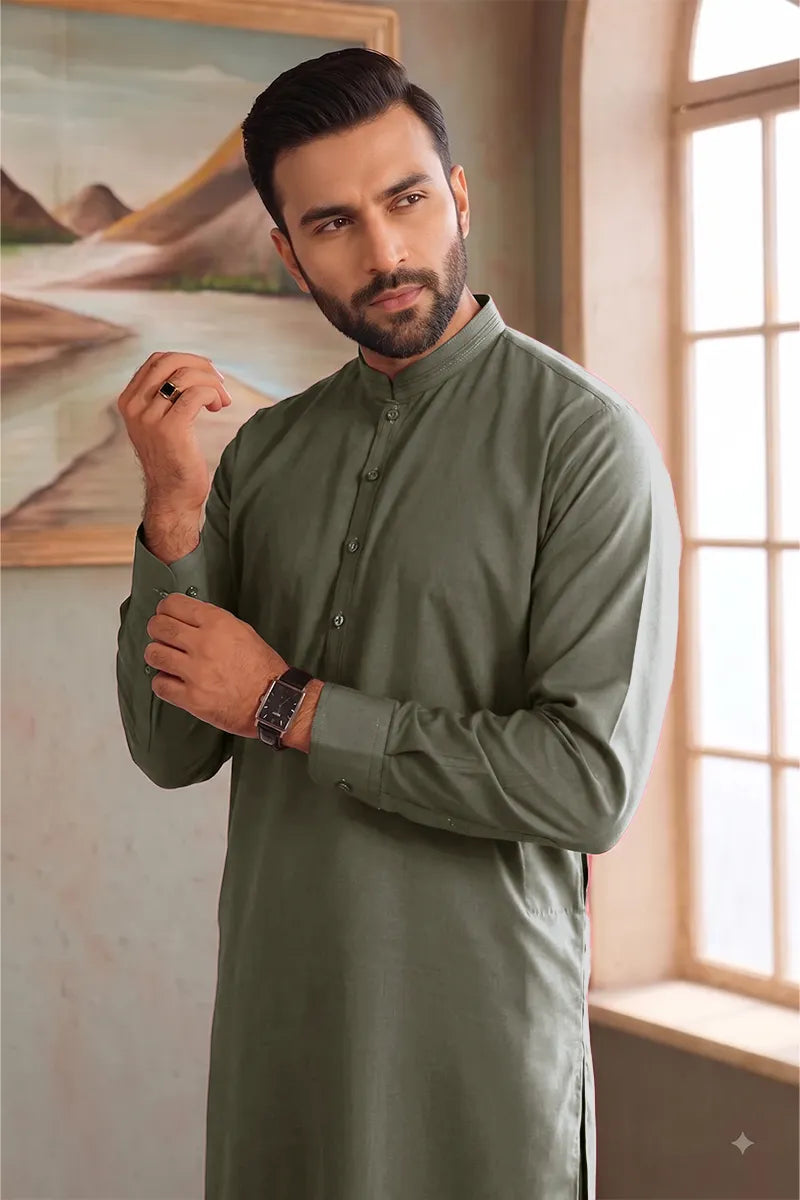 Men’s Wash & Wear Unstitched Fabric By KBC Fashion (Muted Olive Green)