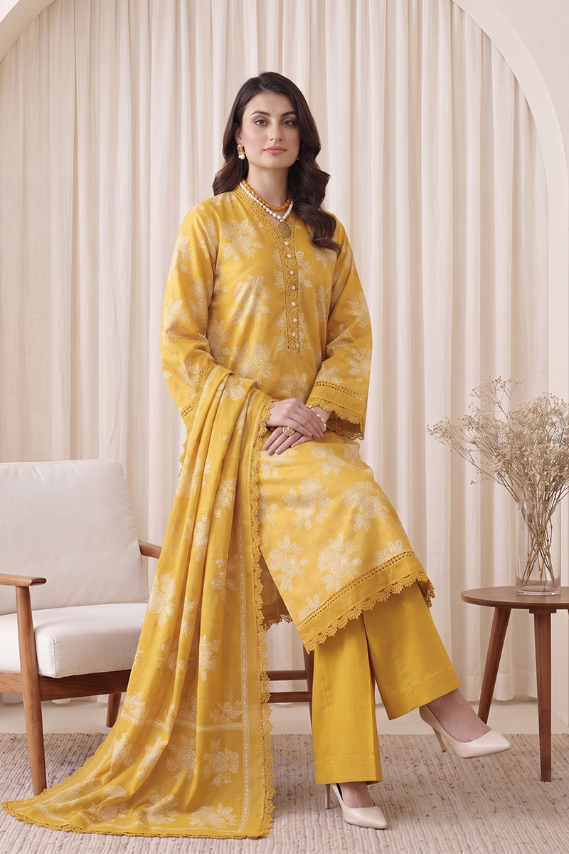 Gul Rang By Bareezé – 3-Piece Unstiched Printed Classic Lawn (Mustard Yellow)