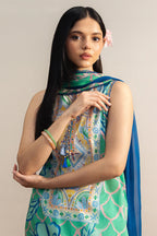 COCO By Zara Shahjahan - 3-Piece Unstitched Printed Lawn Suit (Mint Green & Royal Blue)