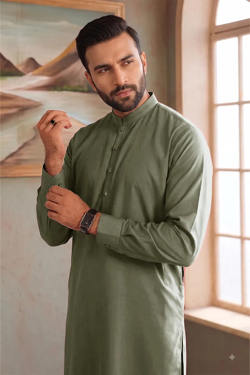 Men’s Wash & Wear Unstitched Fabric By KBC Fashion (Muted Olive Green)