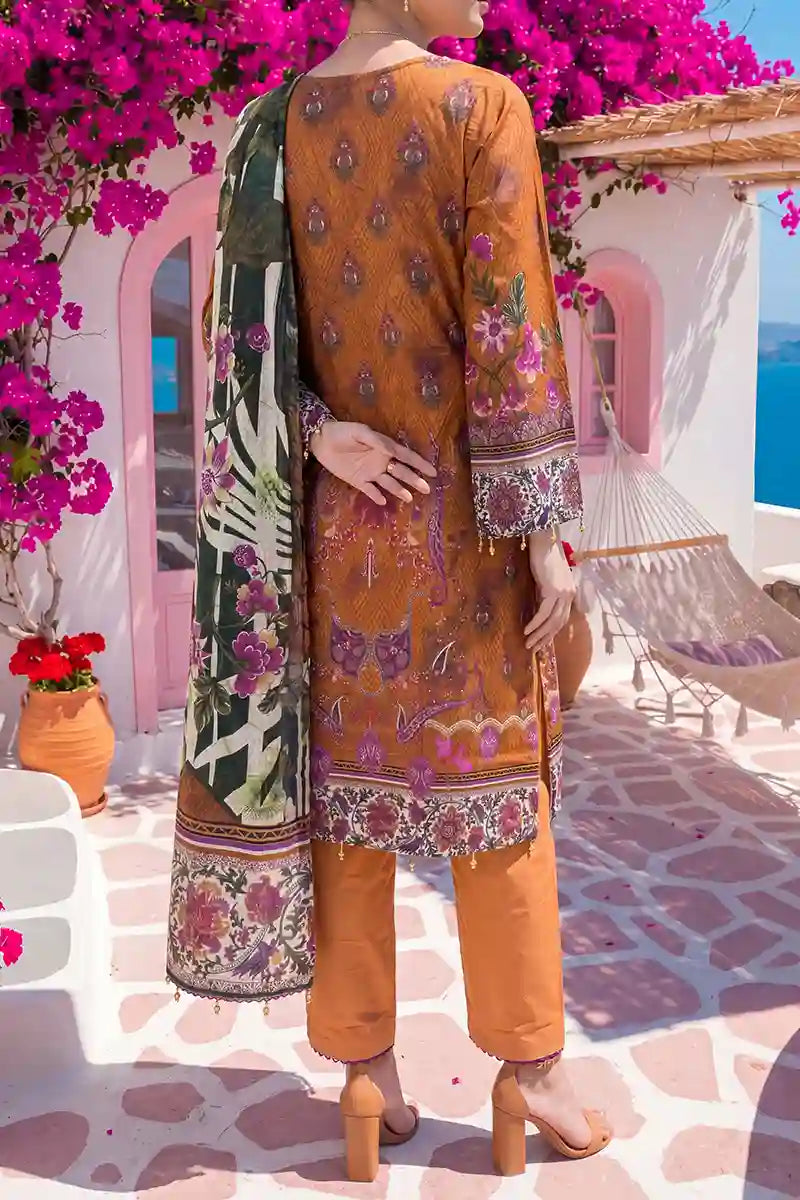 Aabruh Vol-1 3PC Unstitched Printed Lawn Suit (Ochre & Olive Green)