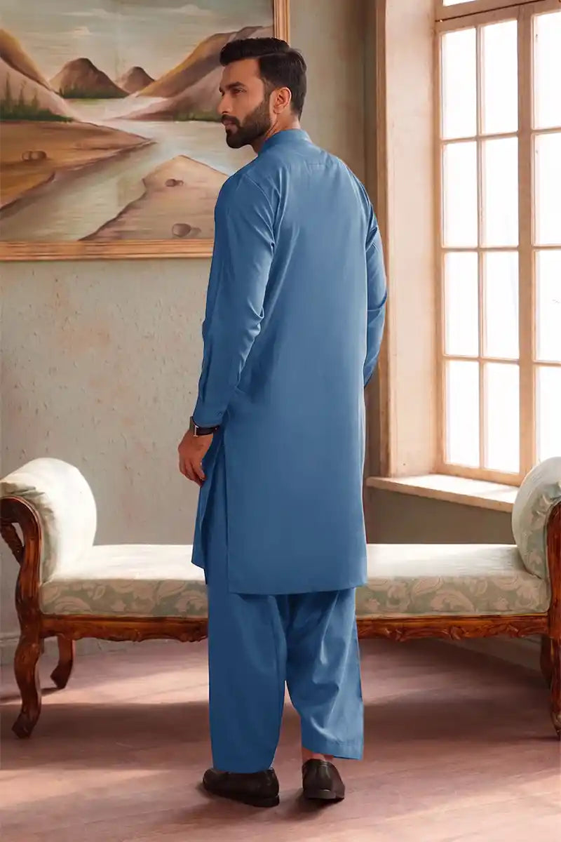 Premium Pasha Men’s Wash & Wear Unstitched Suit (Slate Blue)