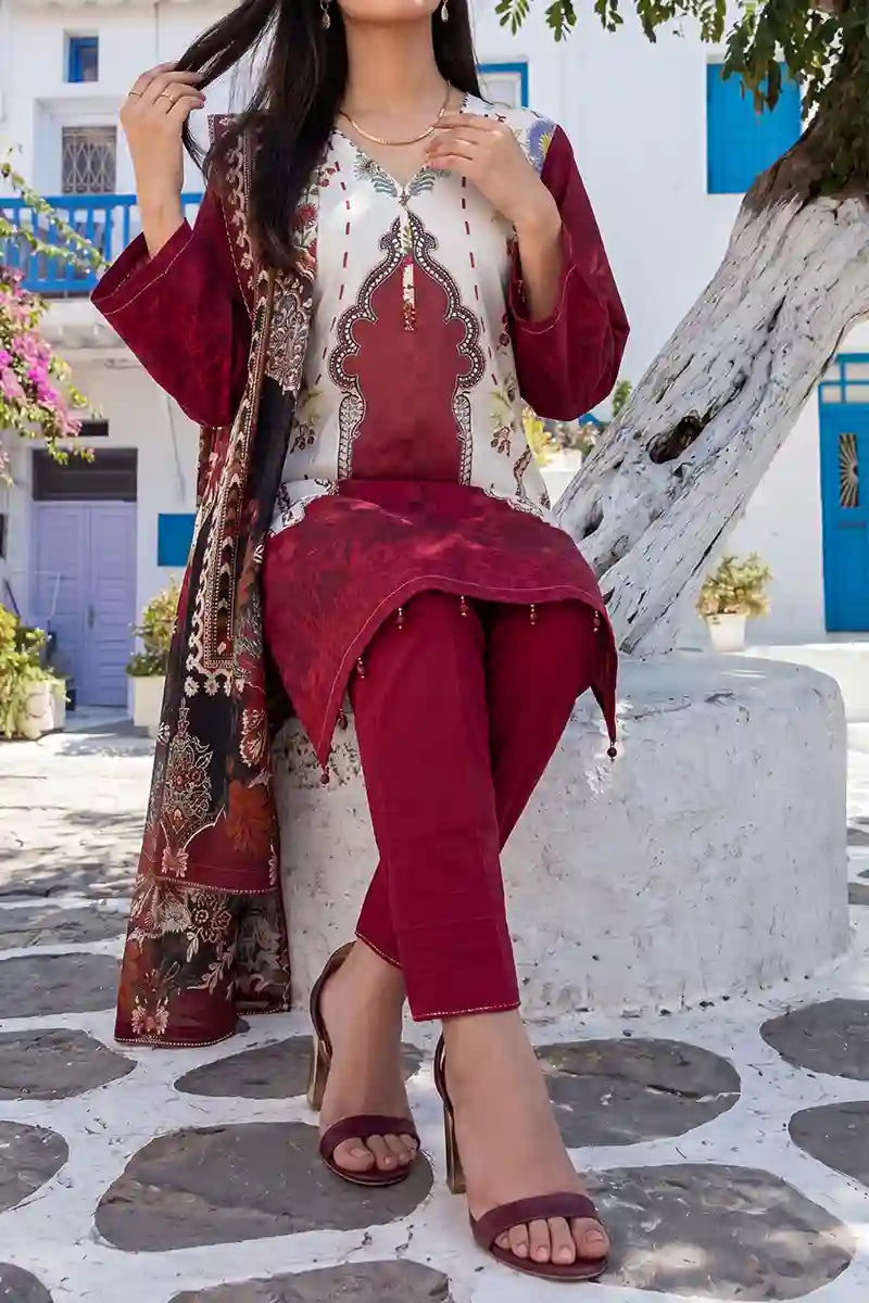 Aabruh Vol-1 3PC Unstitched Printed Lawn Suit (Deep Crimson Maroon & Off-White)