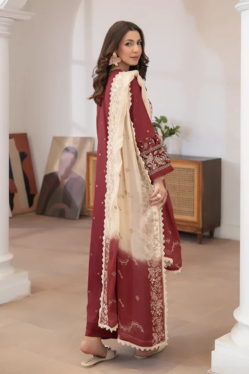 Aqua By Johra - 3PC Unstitched Embroidered Lawn Suit (Deep Maroon)