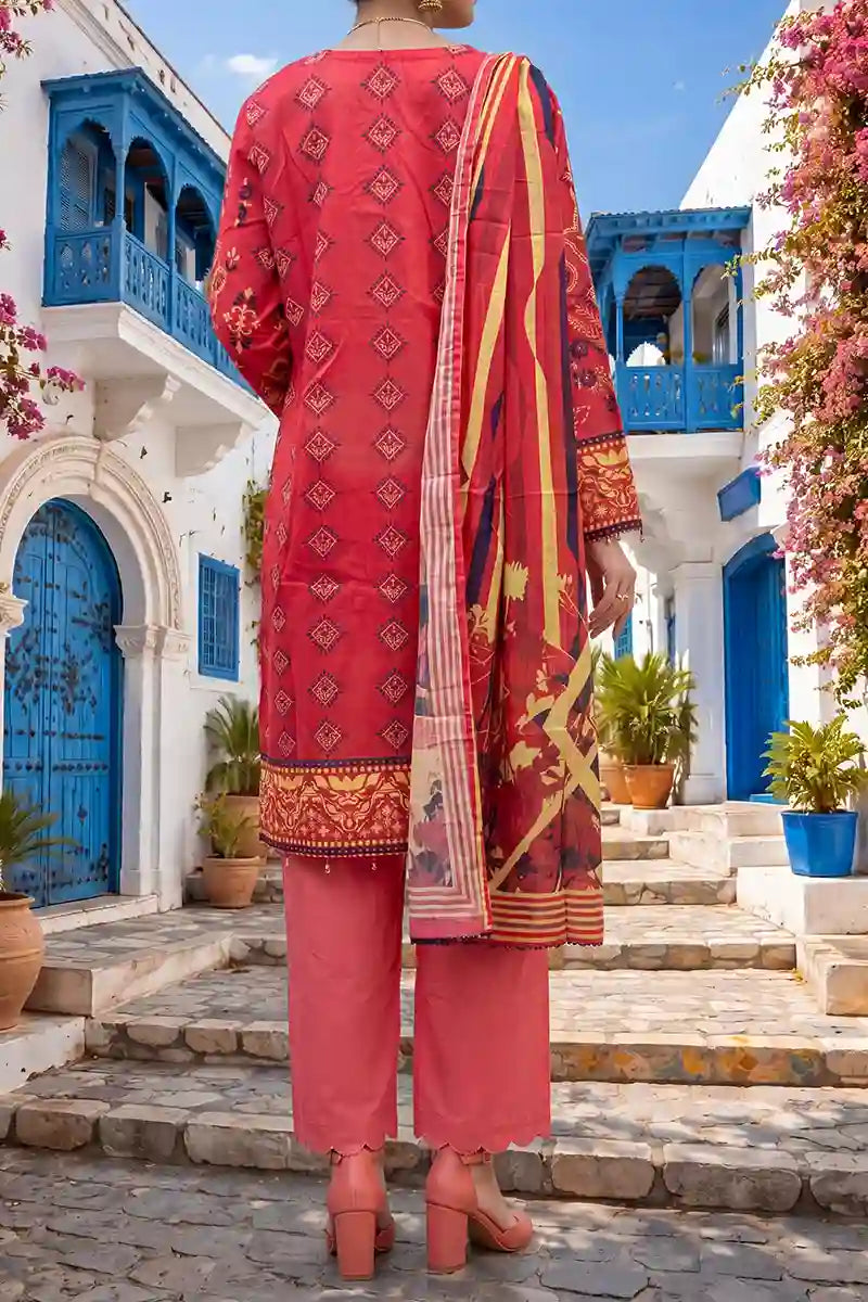Aabruh Vol-1 3PC Unstitched Printed Lawn Suit (Strawberry & Warm Coral)