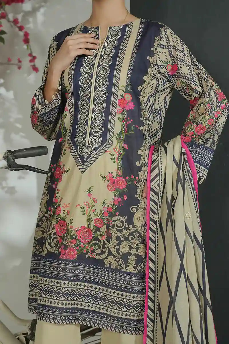 Mehrun by KBC Fashion Unstitched 3-Piece Lawn Collection (Charcoal Blue & Light Beige)