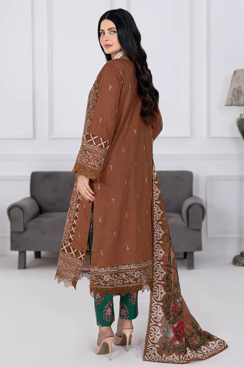 Muswa By Johra - 3PC Unstitched Embroidered Lawn Suit (Terracotta)