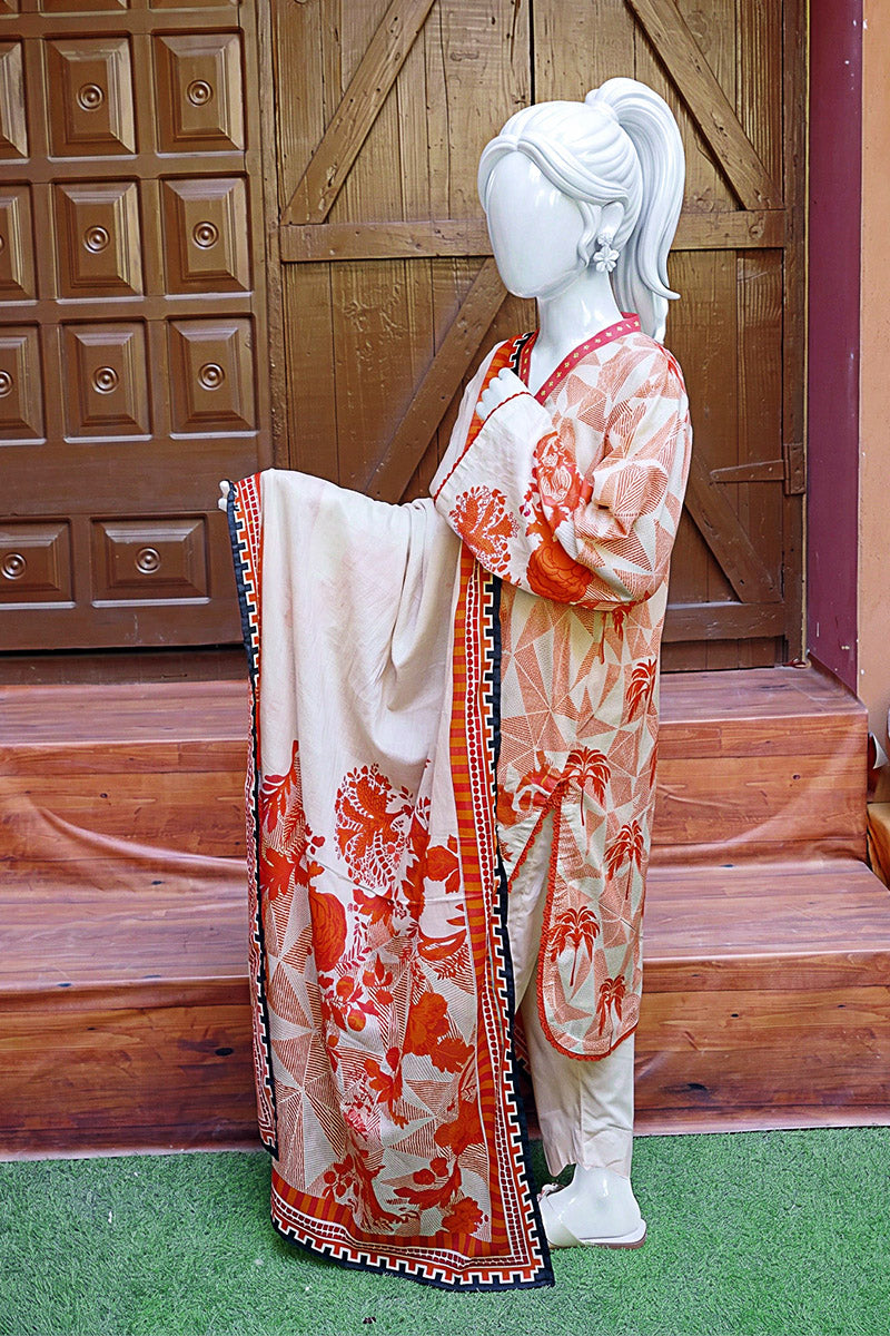 Aryana By KBC Fashion - 3PC Unstitched Printed Lawn Suit (White & Orange)