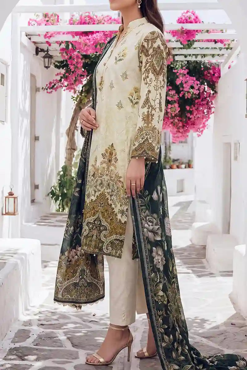 Aabruh Vol-1 3PC Unstitched Printed Lawn Suit (Soft Cream & Dark Pine)