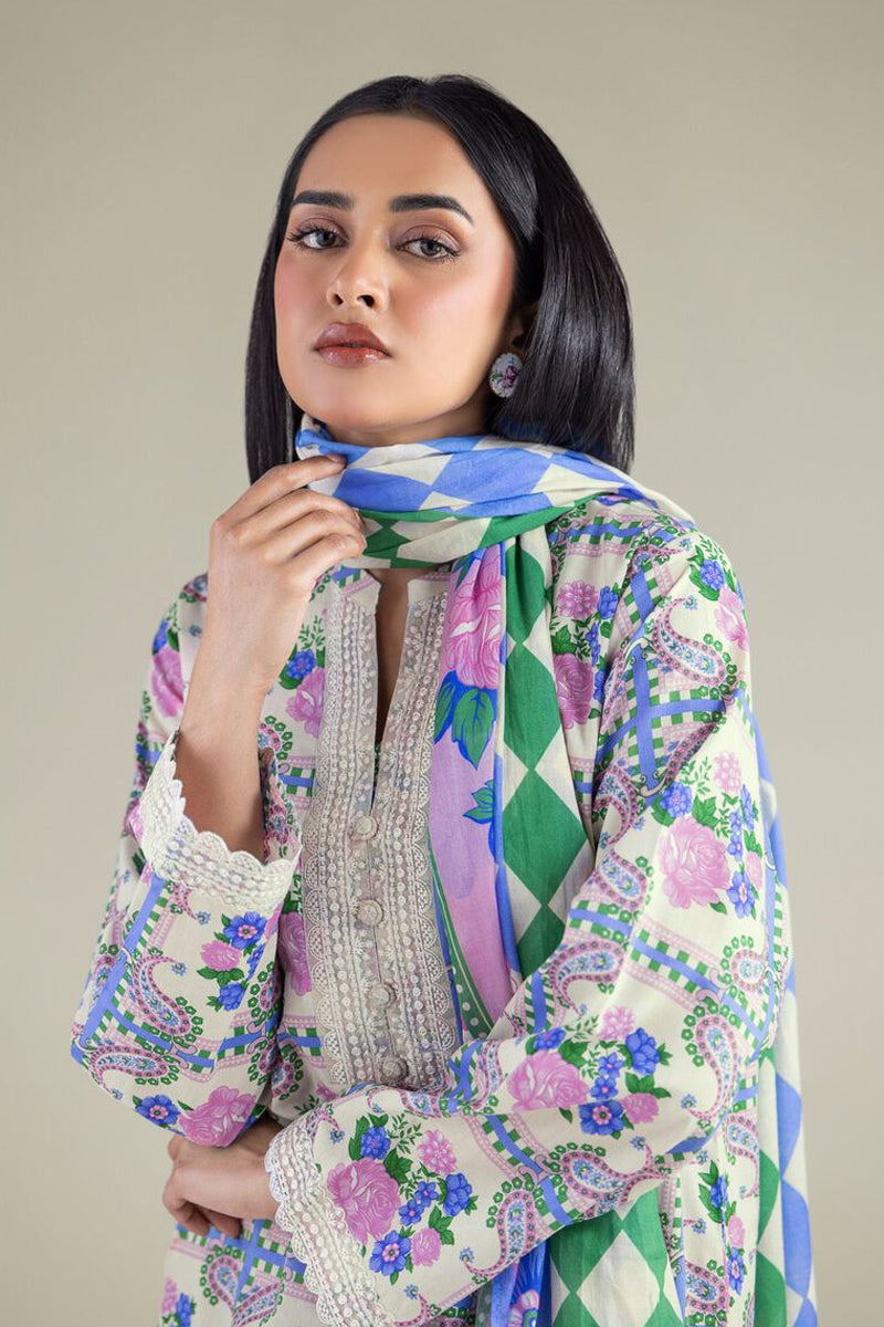 Khaadi – 3 Piece Unstitched Premium Embroidered Digital Printed Lawn Suit (Light Cream & CornFlower Blue)