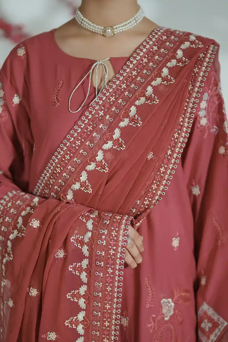 Prestige By KBC Fashion - 3 Piece Unstitched Embroidered Lawn Suit with Chiffon Dupatta (Mauve Pink)