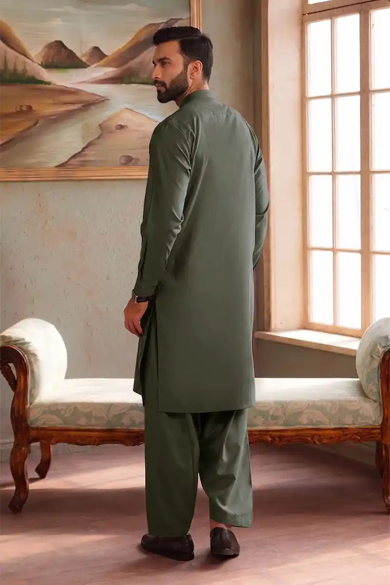 Premium Pasha Men’s Wash & Wear Unstitched Suit (Sage Green)