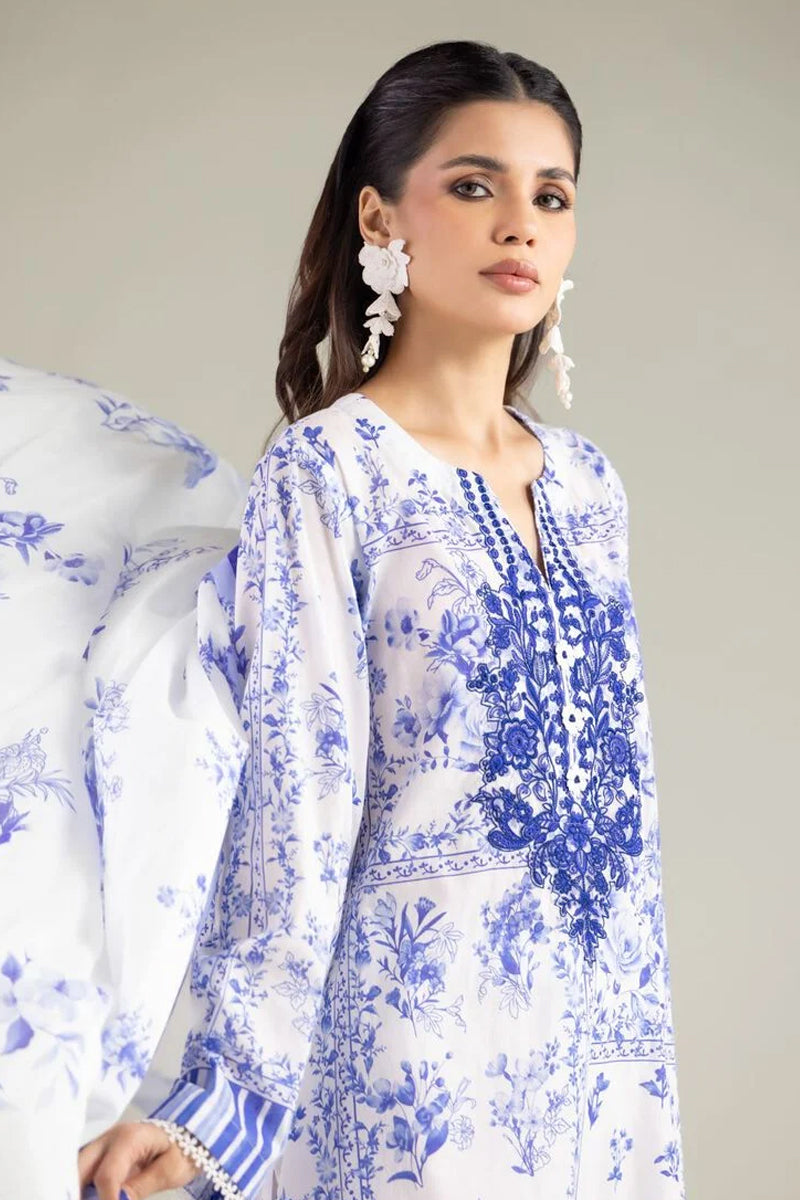 Khaadi – 3 Piece Unstitched Premium Embroidered Digital Printed Lawn Suit (Vivid Blue & White)