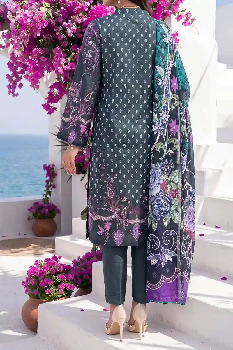 Aabruh Vol-1 3PC Unstitched Printed Lawn Suit (Dark Charcoal Slate & Vibrant Purple Floral)