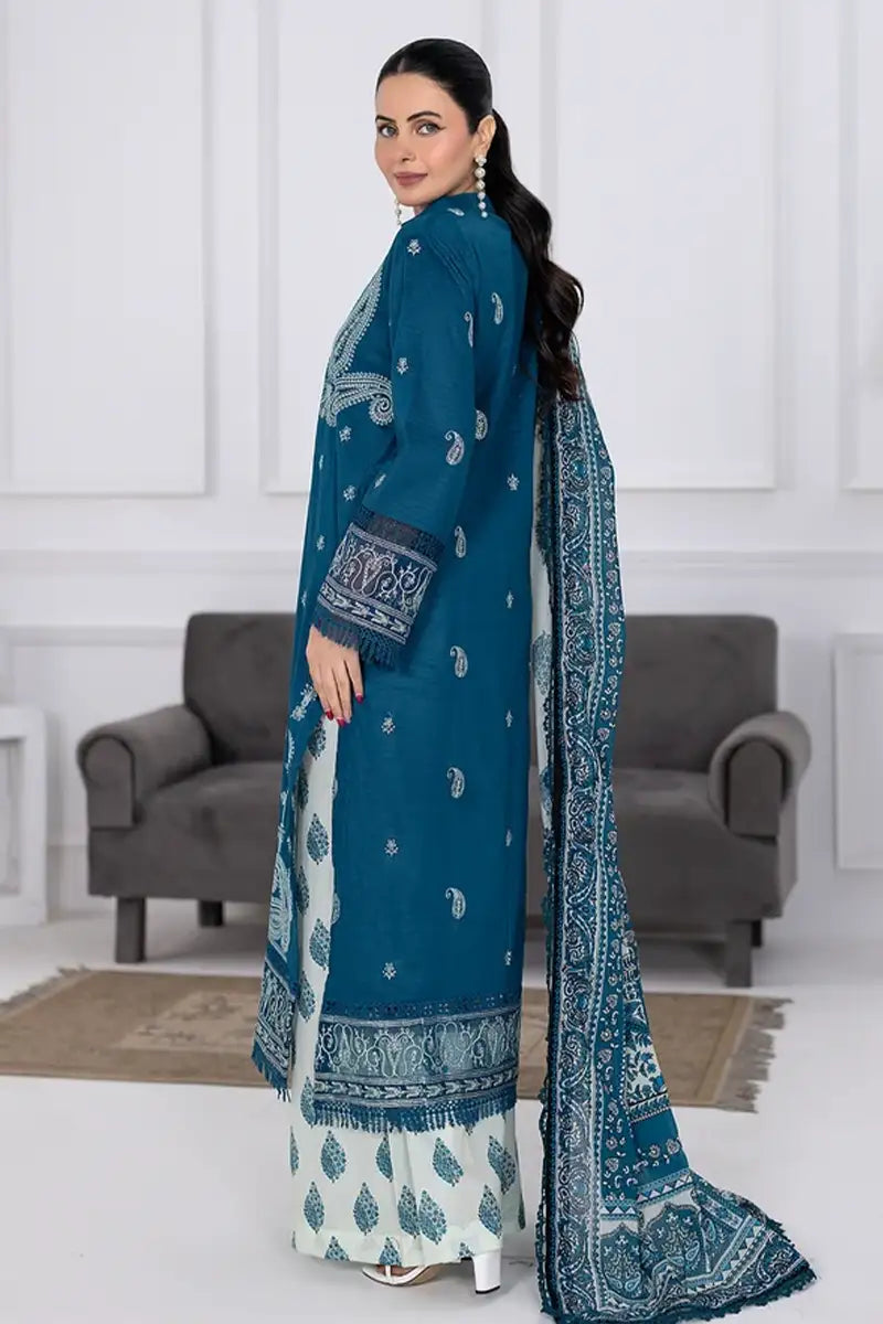 Muswa By Johra - 3PC Unstitched Embroidered Lawn Suit (Deep Teal Blue)