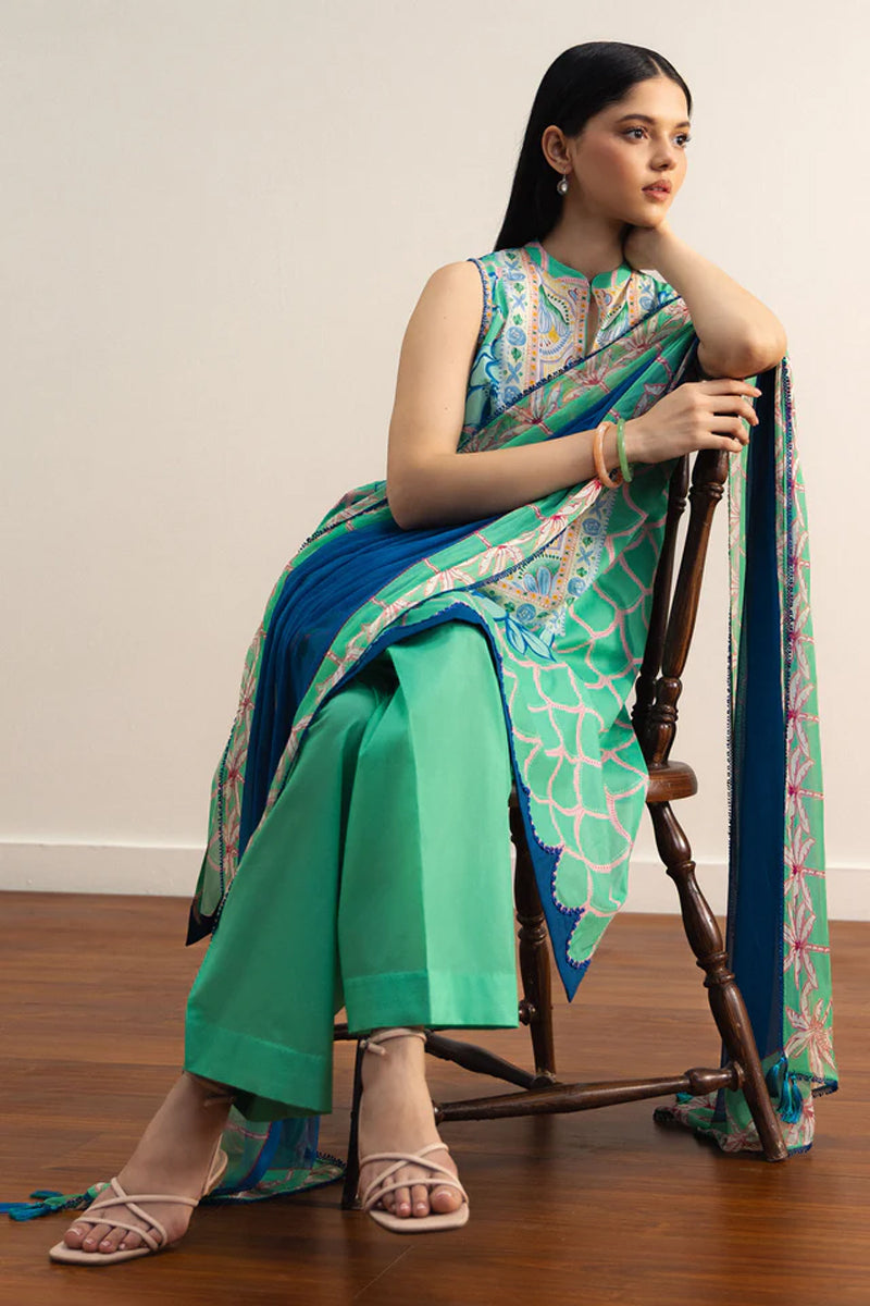 COCO By Zara Shahjahan - 3-Piece Unstitched Printed Lawn Suit (Mint Green & Royal Blue)
