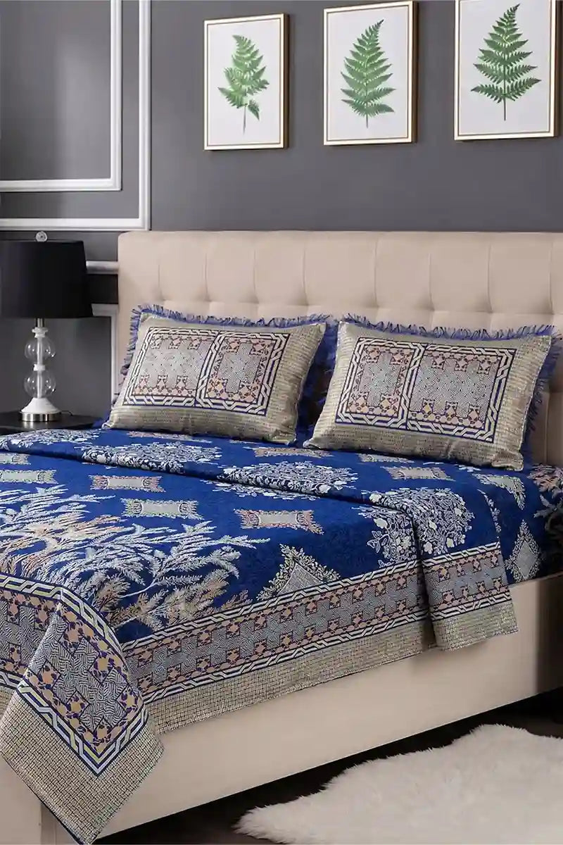 KBCFashion - Luxury Multani Double Bed Sheet Set with Pillow Covers (Royal Blue)