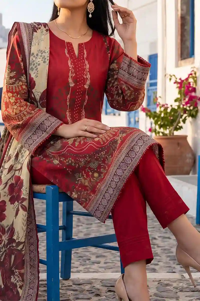 Aabruh Vol-1 3PC Unstitched Printed Lawn Suit (Deep Red Floral)