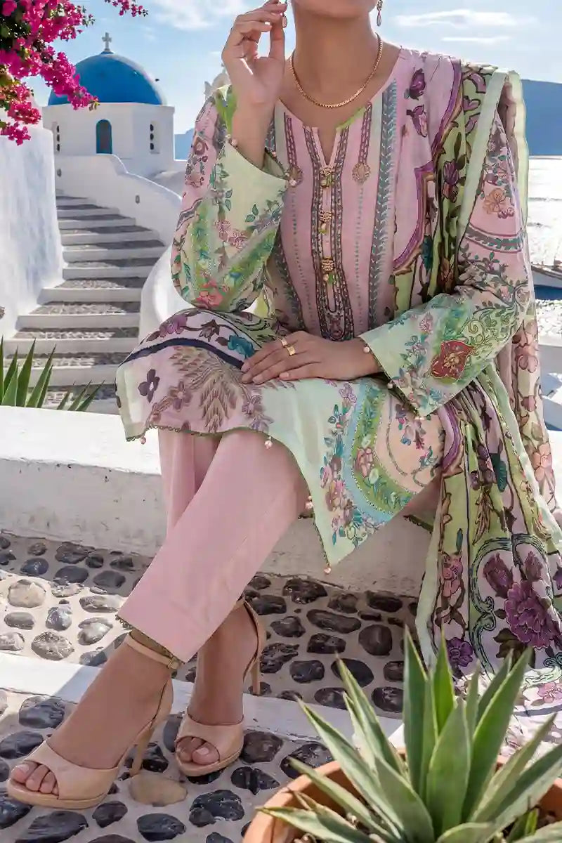 Aabruh Vol-1 3PC Unstitched Printed Lawn Suit (Pastel Pink & Pista)