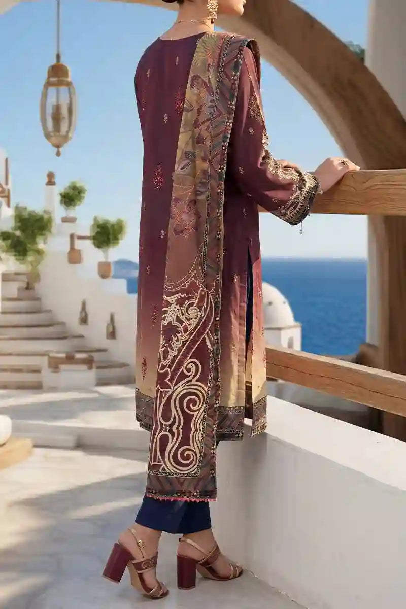 Aabruh Vol-1 3PC Unstitched Printed Lawn Suit (Dark Auburn & Midnight Navy)