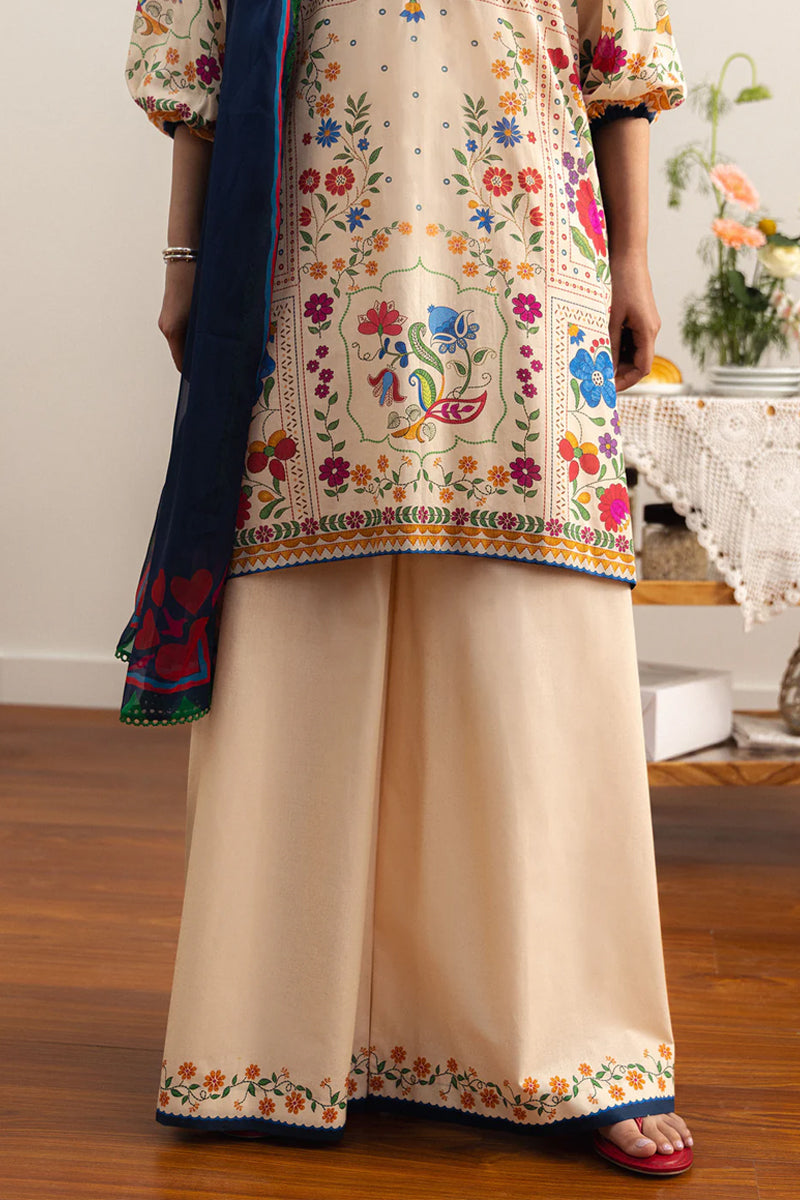 COCO By Zara Shahjahan - 3-Piece Unstitched Printed Lawn Suit (Soft Beige & Navy Blue)