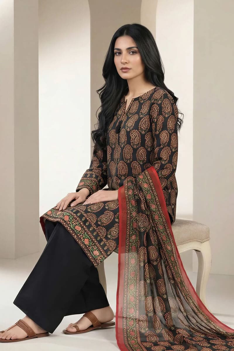 Sapphire (Vol.4) - 3PC Unstitched Printed Lawn Suit (Deep Charcoal Black & Muted Rust)