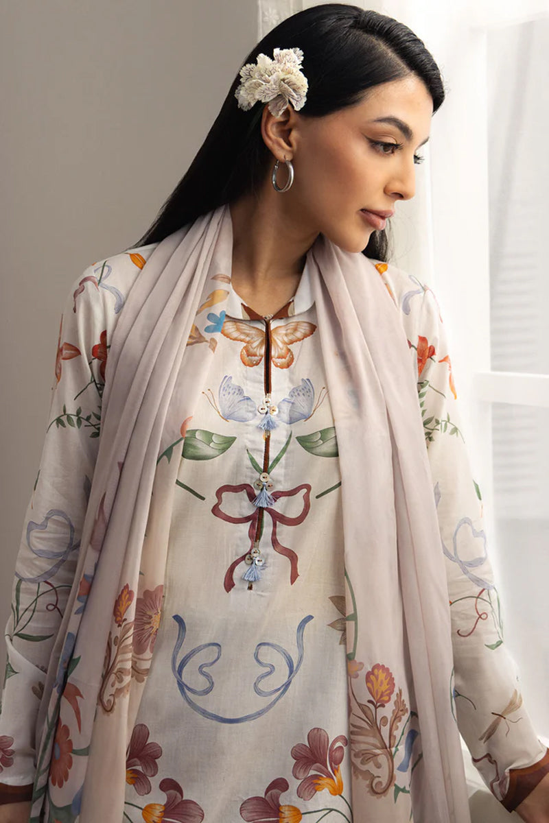COCO By Zara Shahjahan - 3-Piece Unstitched Printed Lawn Suit (Off-White & Terracotta Brown)