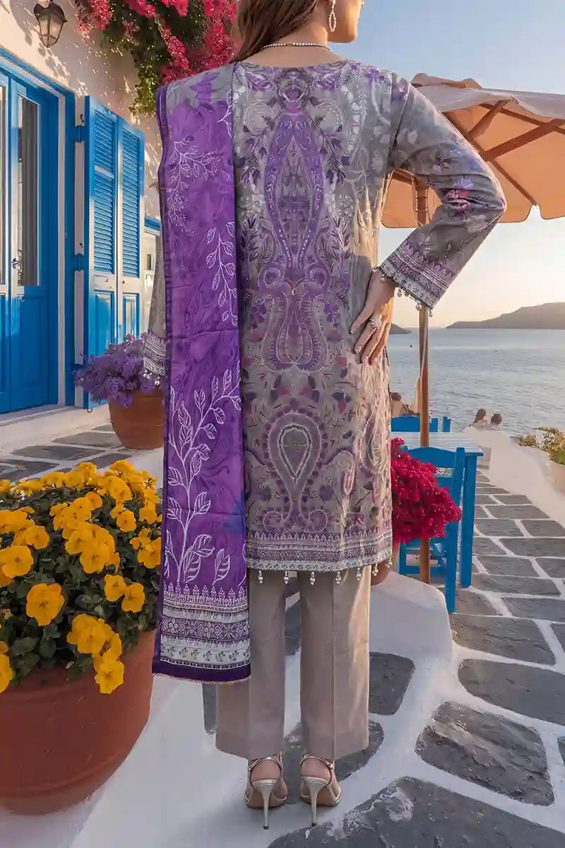 Aabruh Vol-1 3PC Unstitched Printed Lawn Suit (Pewter Gray & Vibrant Purple)