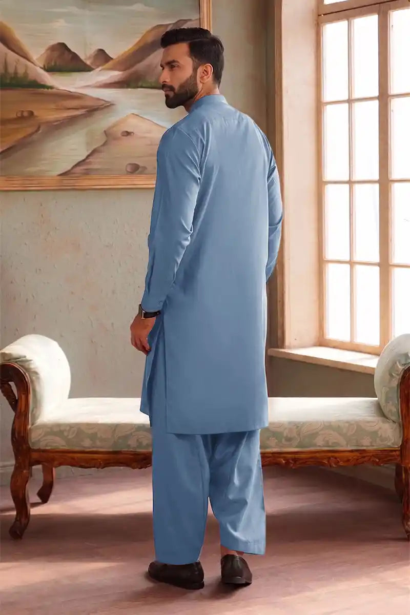 Premium Pasha Men’s Wash & Wear Unstitched Suit (Muted Slate Blue)