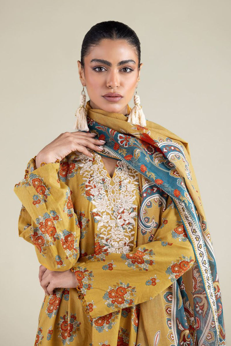 Khaadi – 3 Piece Unstitched Premium Embroidered Digital Printed Lawn Suit (Mustard Gold)