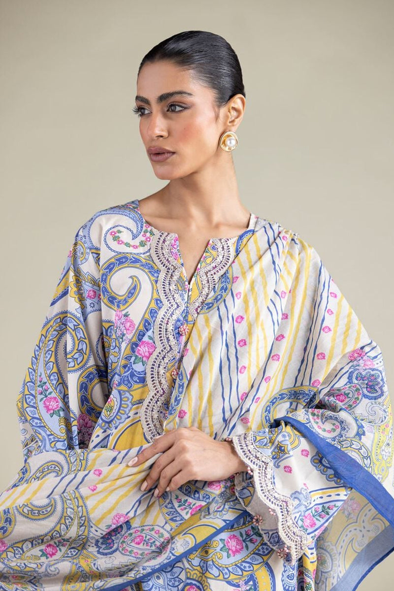 Khaadi – 3 Piece Unstitched Premium Embroidered Digital Printed Lawn Suit (Periwinkle & Royal Blue,Mustard & Cream White))