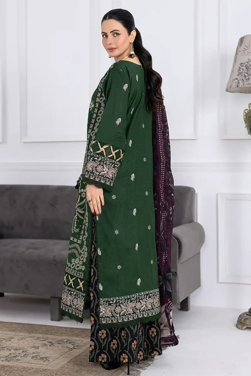 Muswa By Johra - 3PC Unstitched Embroidered Lawn Suit (Deep Forest Green)