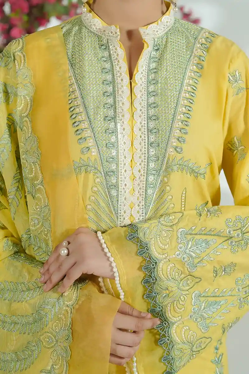 Prestige By KBC Fashion - 3 Piece Unstitched Embroidered Lawn Suit with Chiffon Dupatta (Bright Lemon Yellow)