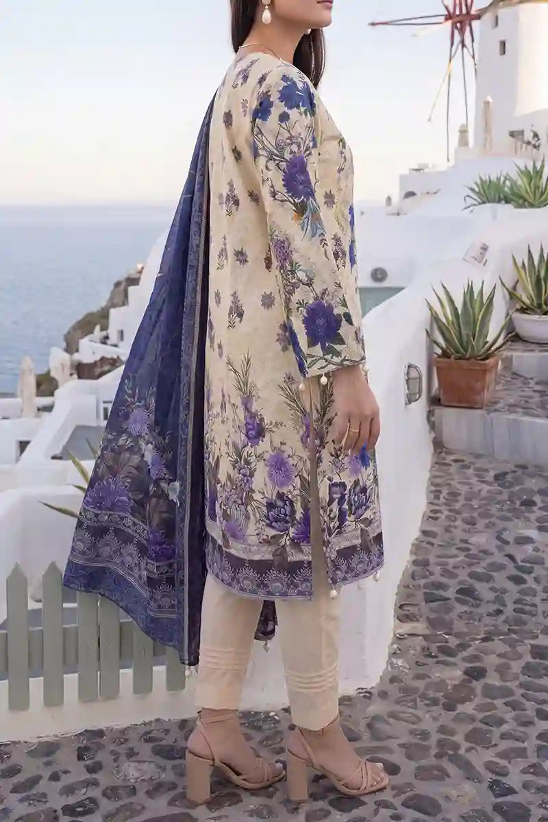 Aabruh Vol-1 3PC Unstitched Printed Lawn Suit (Creamy Vanilla & Deep Indigo Purple)