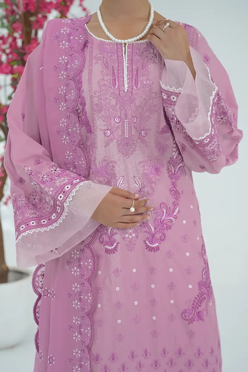 Prestige By KBC Fashion - 3 Piece Unstitched Embroidered Lawn Suit with Chiffon Dupatta  (Light Lavender)