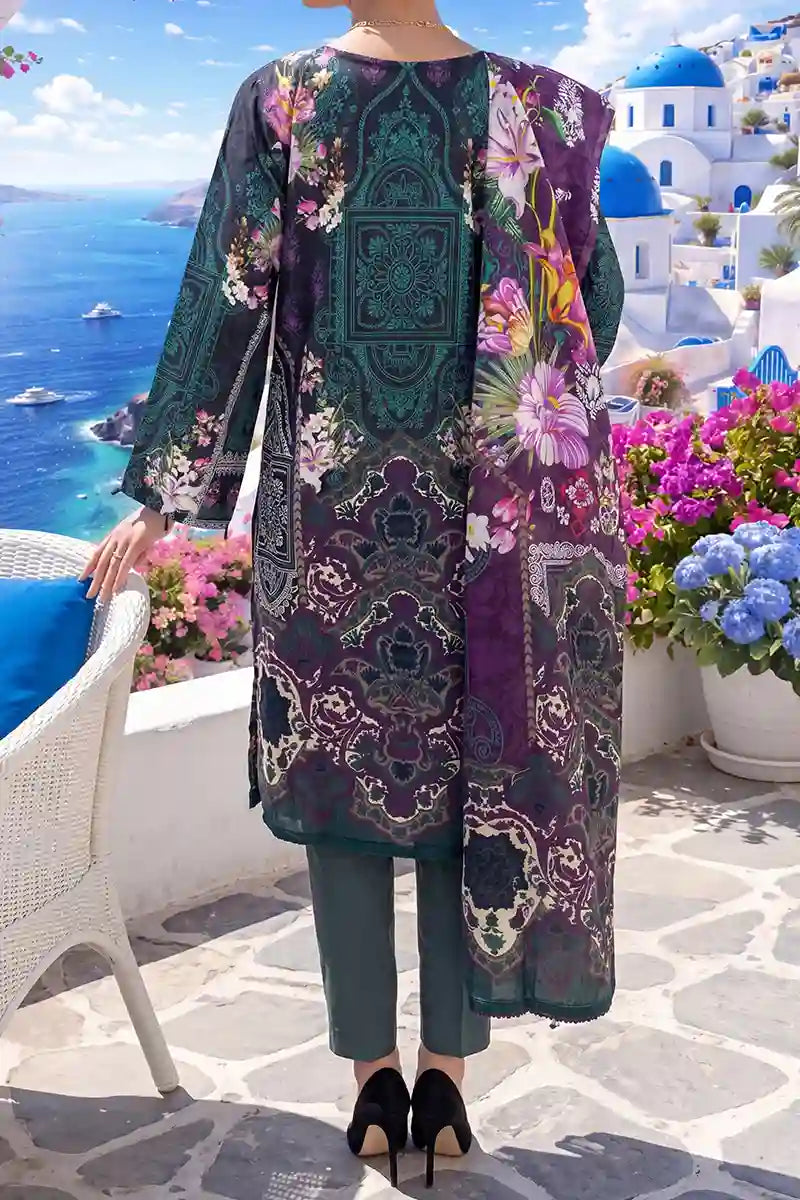 Aabruh Vol-1 3PC Unstitched Printed Lawn Suit (Deep Midnight Violent & Charcoal Olive)