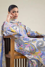 Khaadi – 3 Piece Unstitched Premium Embroidered Digital Printed Lawn Suit (Periwinkle & Royal Blue,Mustard & Cream White))