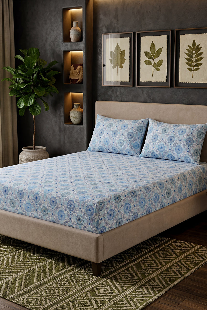Premium Cotton Fitted Bed Sheet Set By KBC Fashion (Ice Blue)