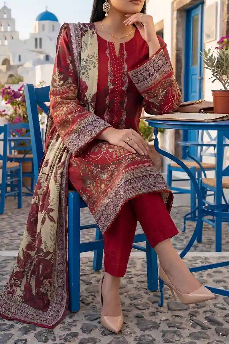 Aabruh Vol-1 3PC Unstitched Printed Lawn Suit (Deep Red Floral)