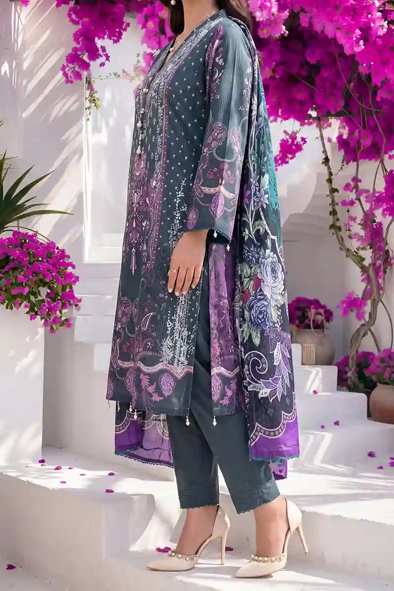 Aabruh Vol-1 3PC Unstitched Printed Lawn Suit (Dark Charcoal Slate & Vibrant Purple Floral)