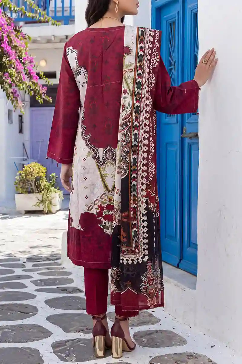 Aabruh Vol-1 3PC Unstitched Printed Lawn Suit (Deep Crimson Maroon & Off-White)