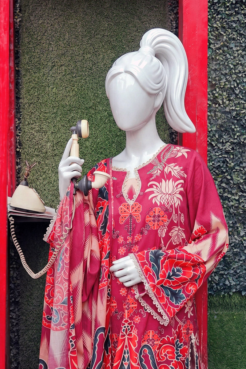 Aryana By KBC Fashion - 3PC Unstitched Printed Lawn Suit (Dark Pink)