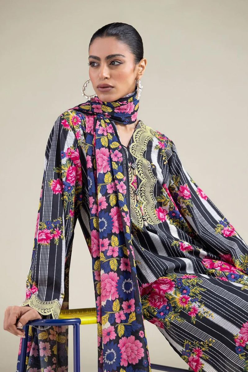 Khaadi – 3 Piece Unstitched Premium Embroidered Digital Printed Lawn Suit (Dark Charcoal & Magenta Pink)