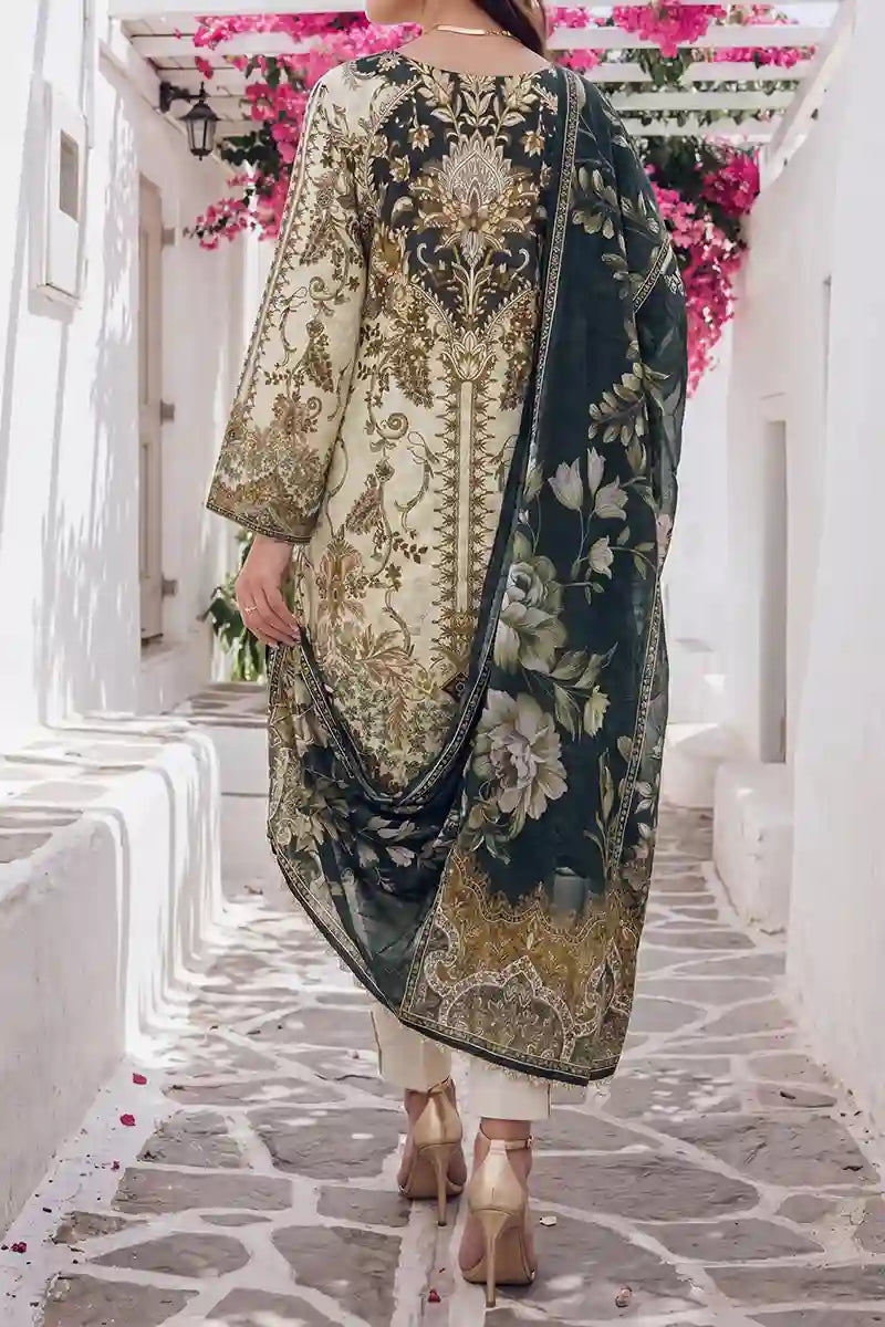 Aabruh Vol-1 3PC Unstitched Printed Lawn Suit (Soft Cream & Dark Pine)